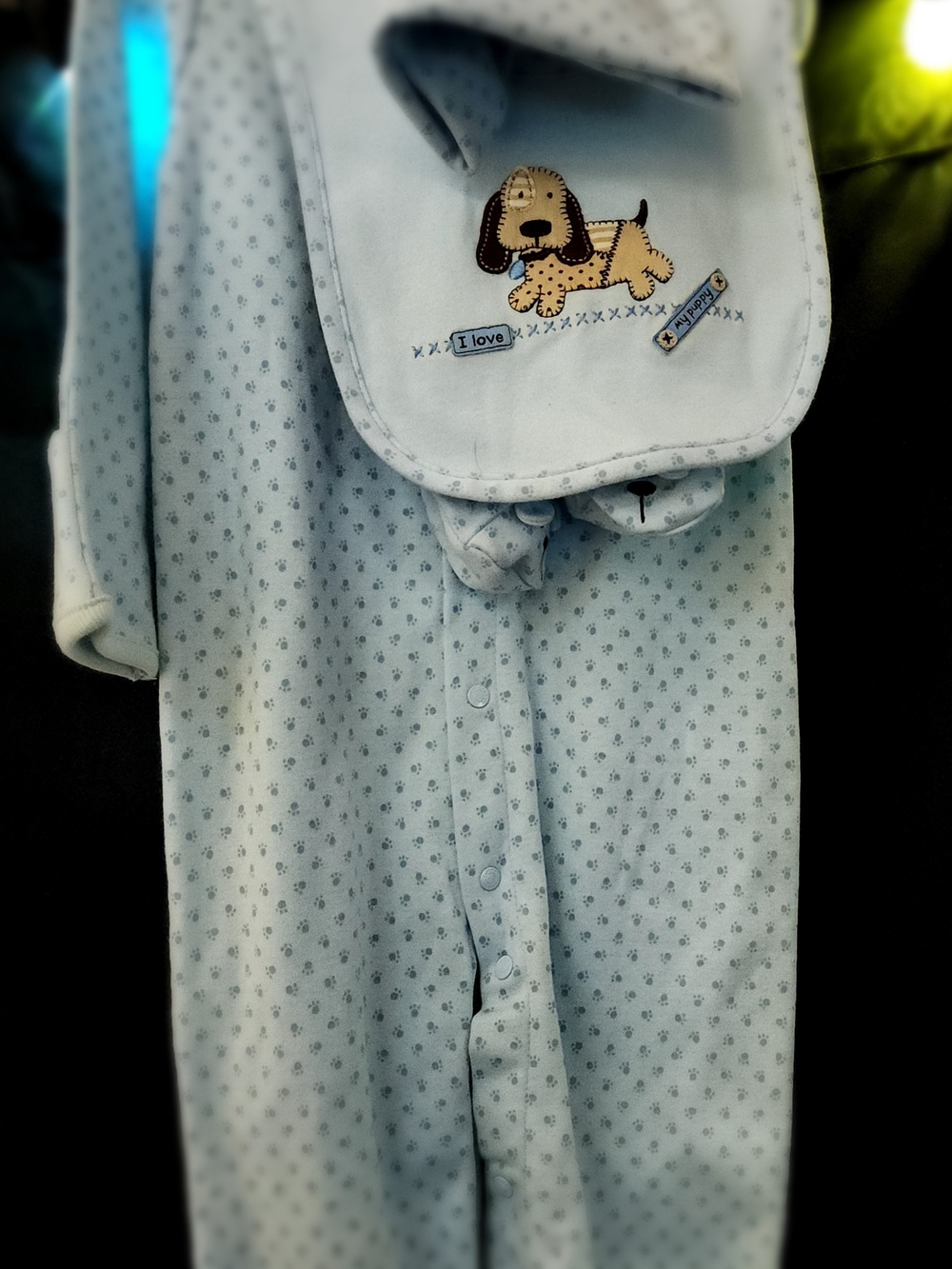 Baby Blue Puppy Print Matching Outfit Set with Bib and Cap Size 9 Months